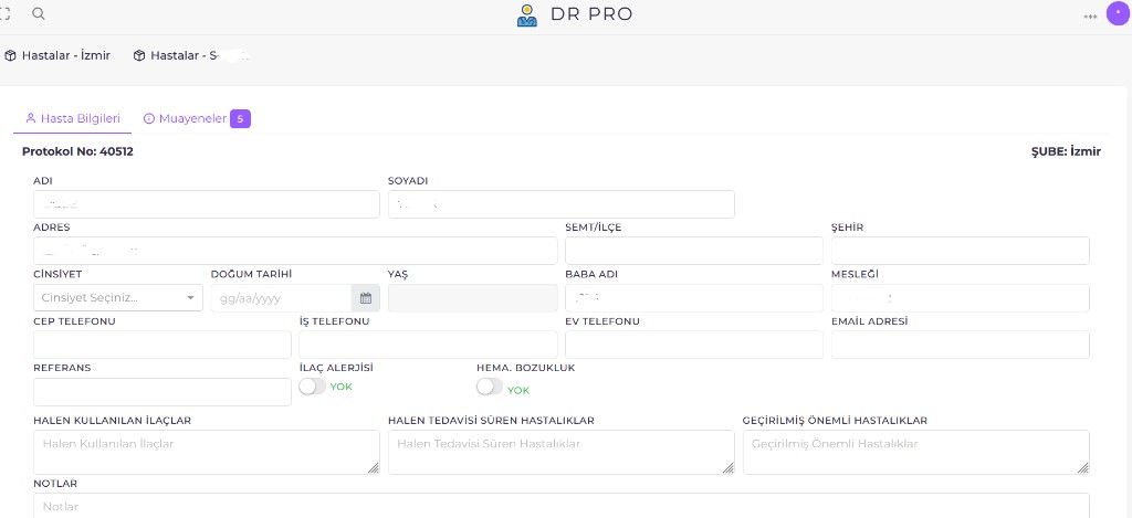 DR Pro hasta bilgileri formu